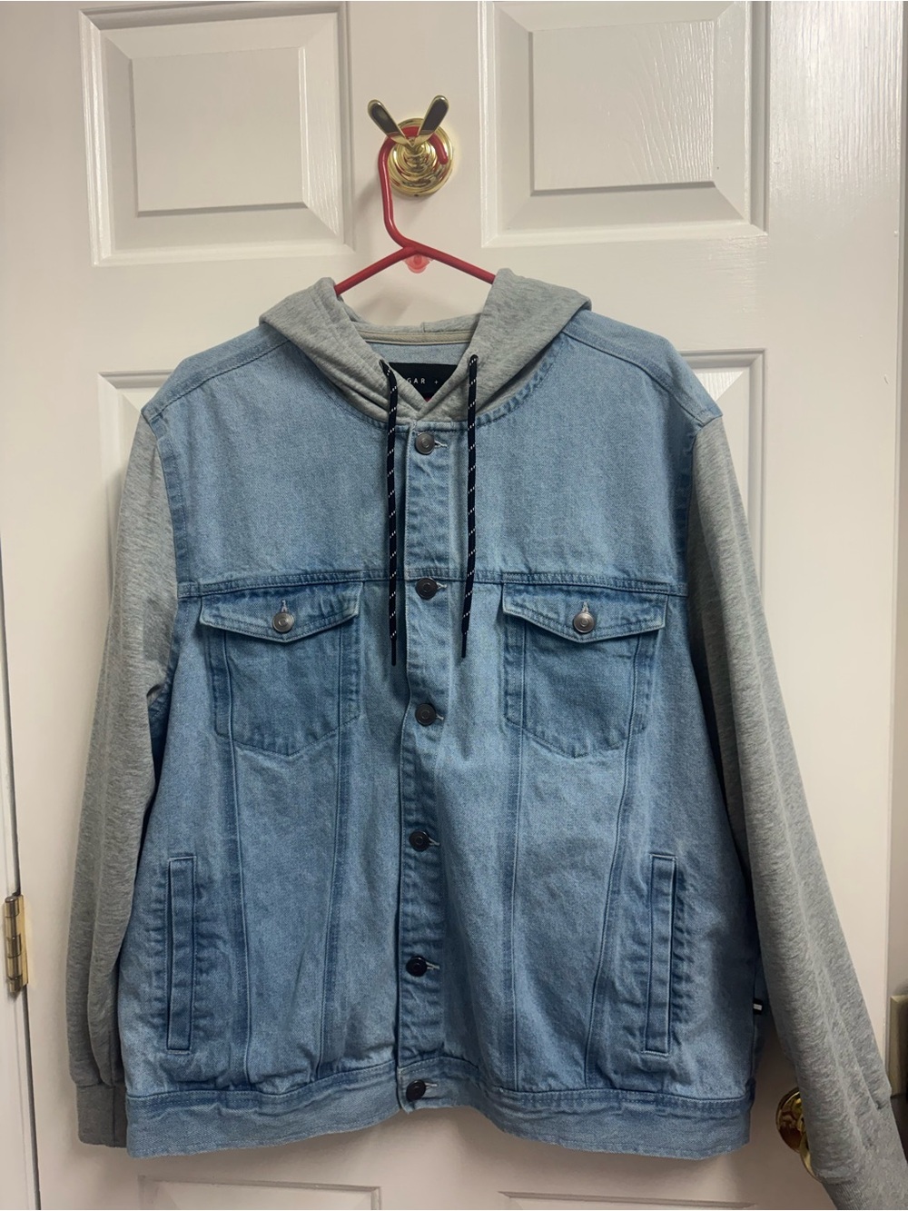 Men's Edgar + Ash Light Blue Denim Bomber Jacket / Gray Hoodie Sleeves. SizeXL